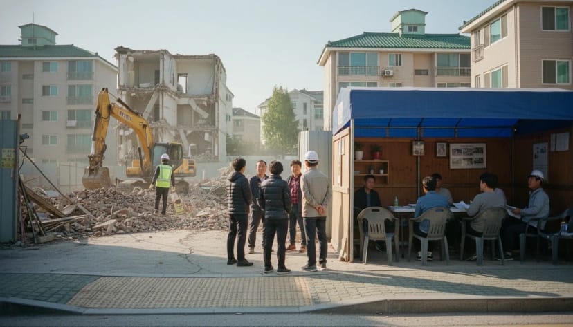 주민 이주, 기존 건물 철거 및 착공 단계 안내